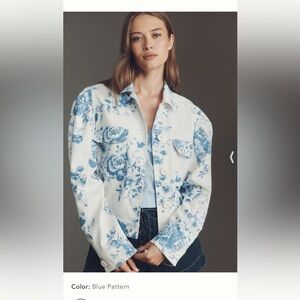 NWT new medium Anthropologie puff sleeve denim jean blue floral utility jacket